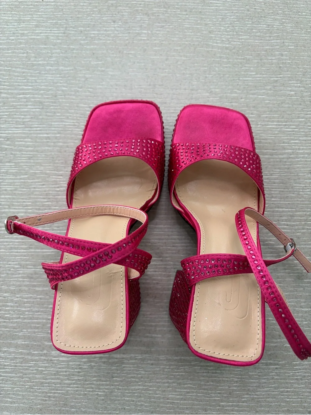 Rhinestone Satin Platform Sandals in Fuchsia Pink
